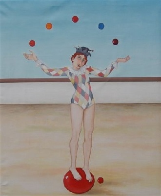 schilderij op doek met olieverf, harlekijn, clown, vrouw, jongleren - Schilderijen
