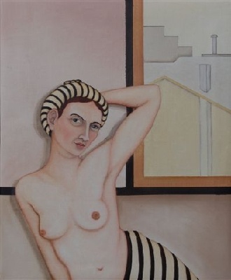 schilderij op doek met olieverf, vrouw zit half naakt voor het raam met muts en rok in dezelfde stof - Schilderijen