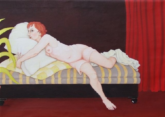 schilderij op doek met olieverf, vrouw met doorschijnende nachtjapon ligt languit in de zetel - Schilderijen