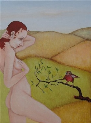 schilderij op doek met olieverf, naakte vrouw in de tuin kijkt naar roodborstje op een takje - Schilderijen