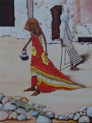 schilderij op doek met olieverf, zwarte vrouw met koffie keteltje staart naar salamander op hoopje keien - Schilderijen